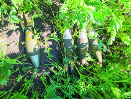 ウクライナで発見された日本製の砲撃砲弾。「60耗」、「頭信管」、「高級榴弾」などが書かれている